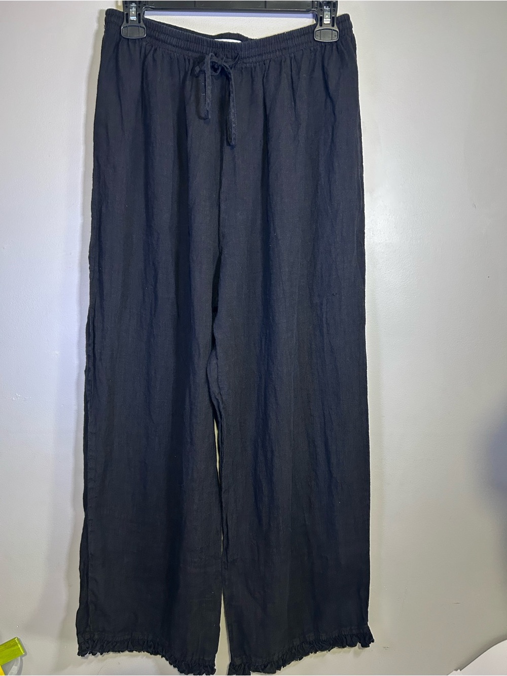 Mindful Threads Black Linen Wide Leg Pants M/L Ruffle Hem Drawstring